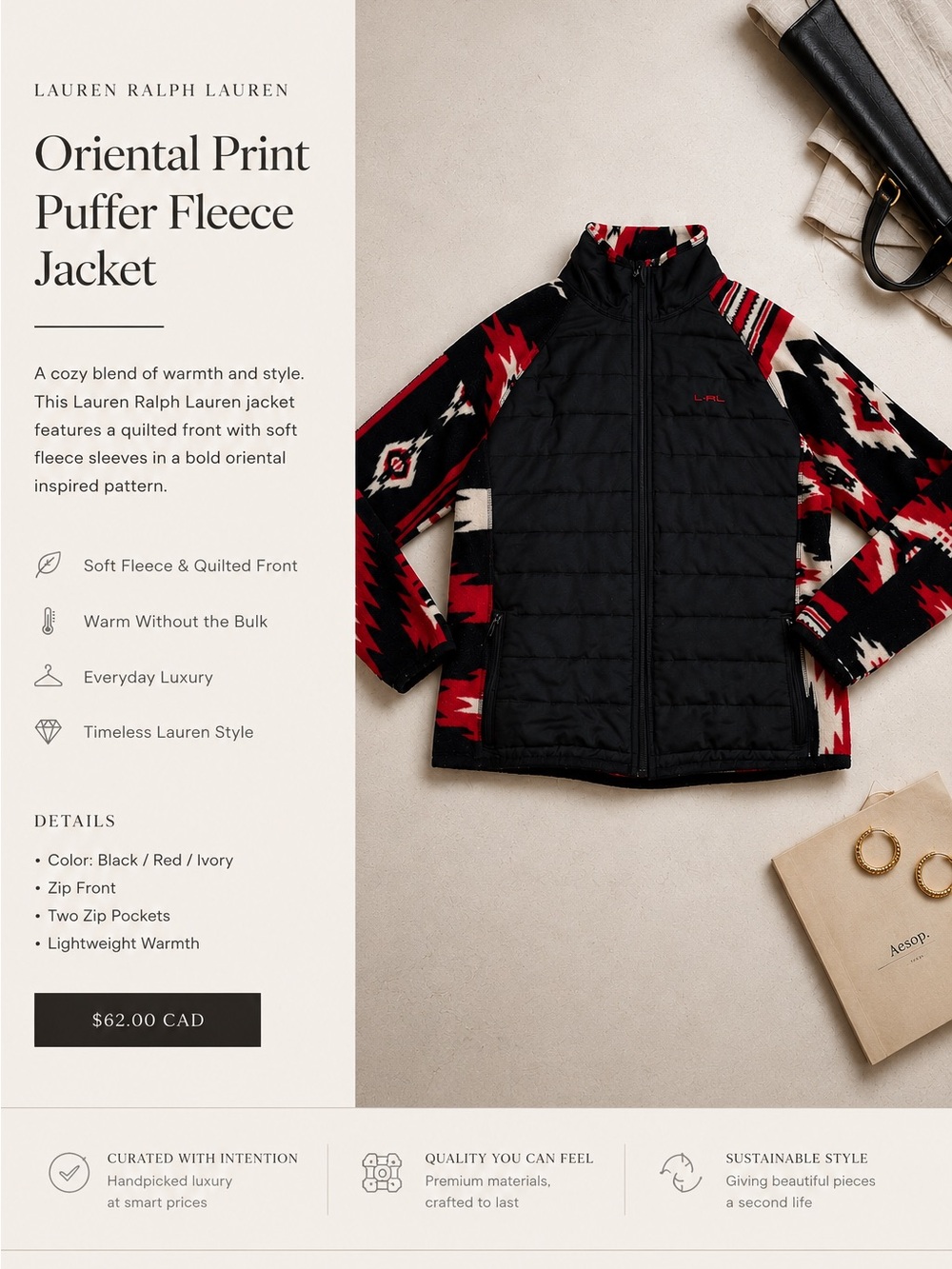 Lauren Ralph Lauren Black Puffer Jacket with Red & Ivory Oriental-Print Sleeves